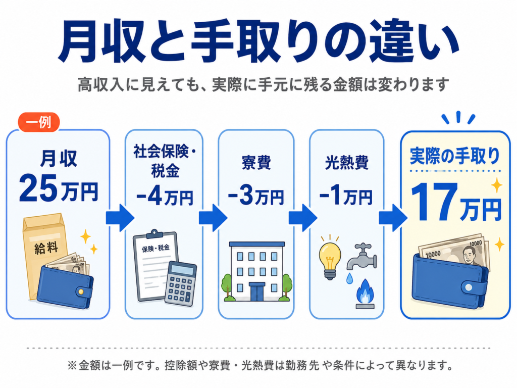 月収と手取りの違いを図示しています。