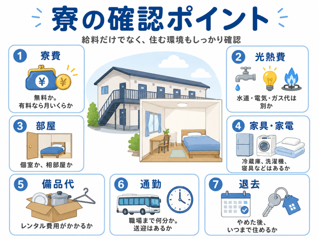 寮付き求人での確認事項を図示したものです。