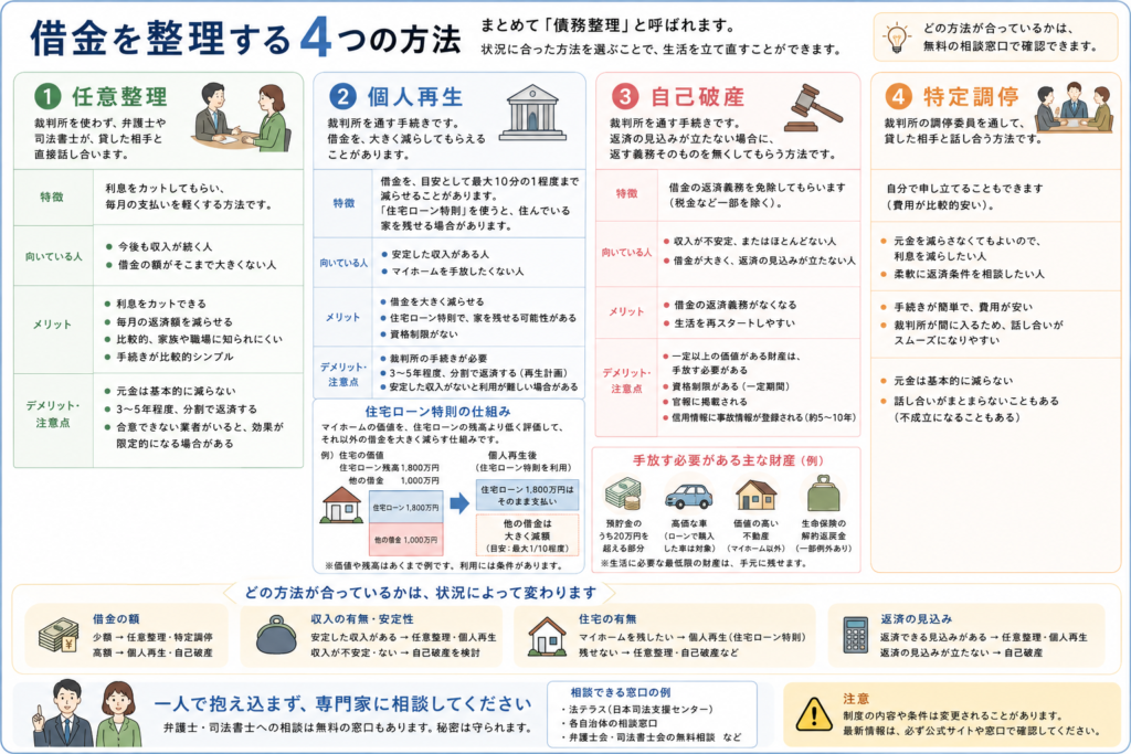債務整理の4つの方法を、特徴・向いている人・注意点まで比較できる図解にまとめました