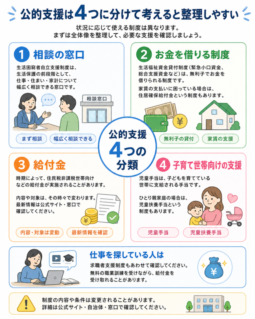 公的支援の4つの分類を図示しています