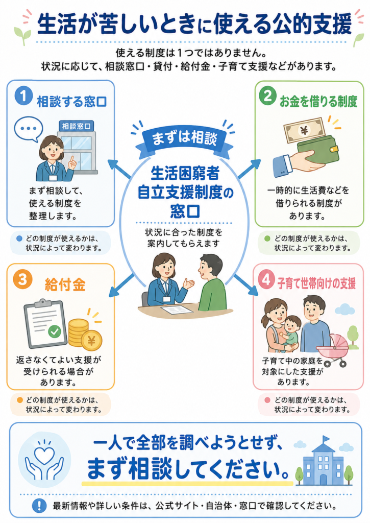 生活が苦しいときに使える公的支援を図解しています