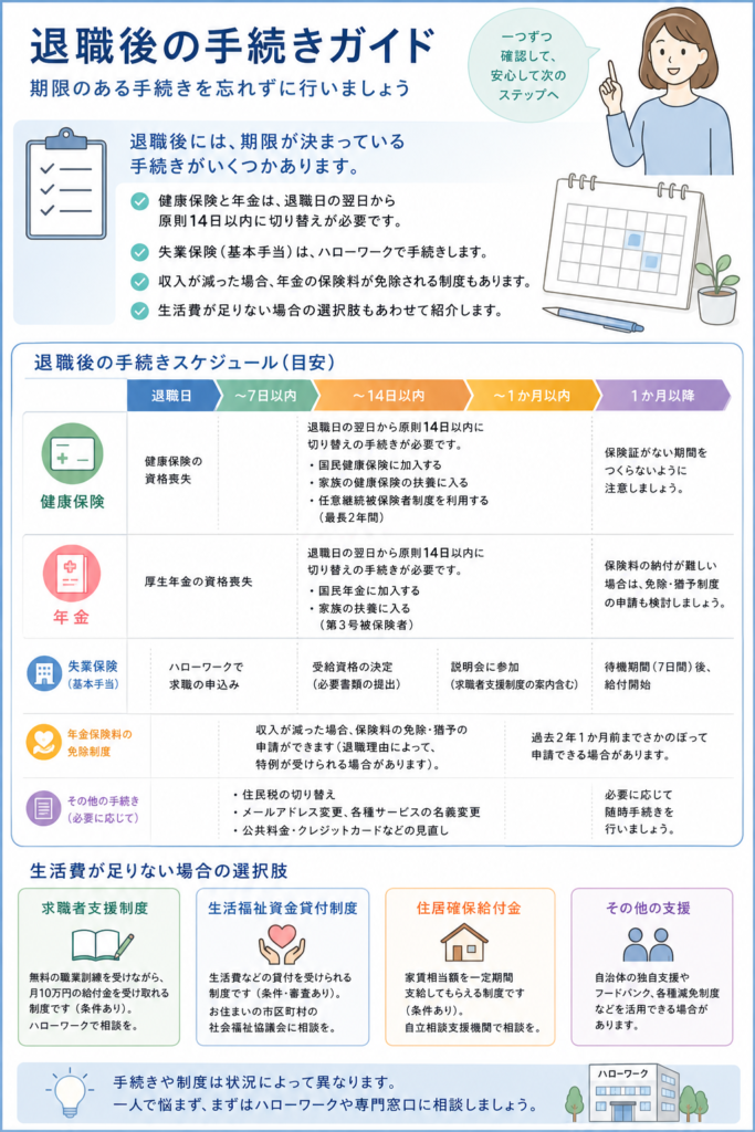 退職後の手続きを、期限別スケジュールと支援制度まで一枚で整理しました