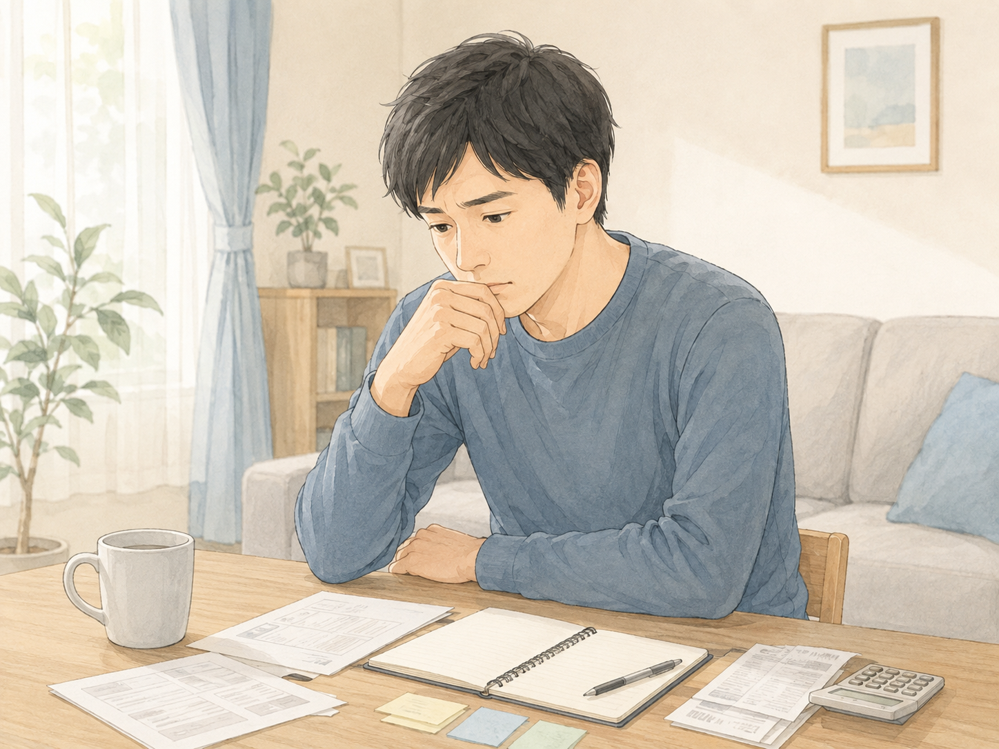 30代くらいの男性が、一人で静かに考え込んでいる、落ち着いた雰囲気のイラスト
