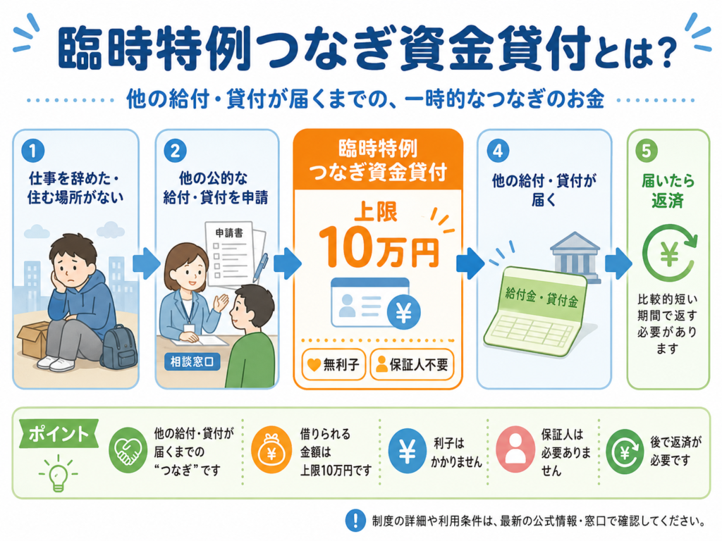 「他の給付が届くまでのつなぎ」という制度の位置づけを示すシンプルな図解