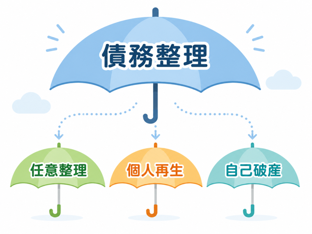 「債務整理」という大きな傘の下に「任意整理」「個人再生」「自己破産」の3つの小さな傘がある図解