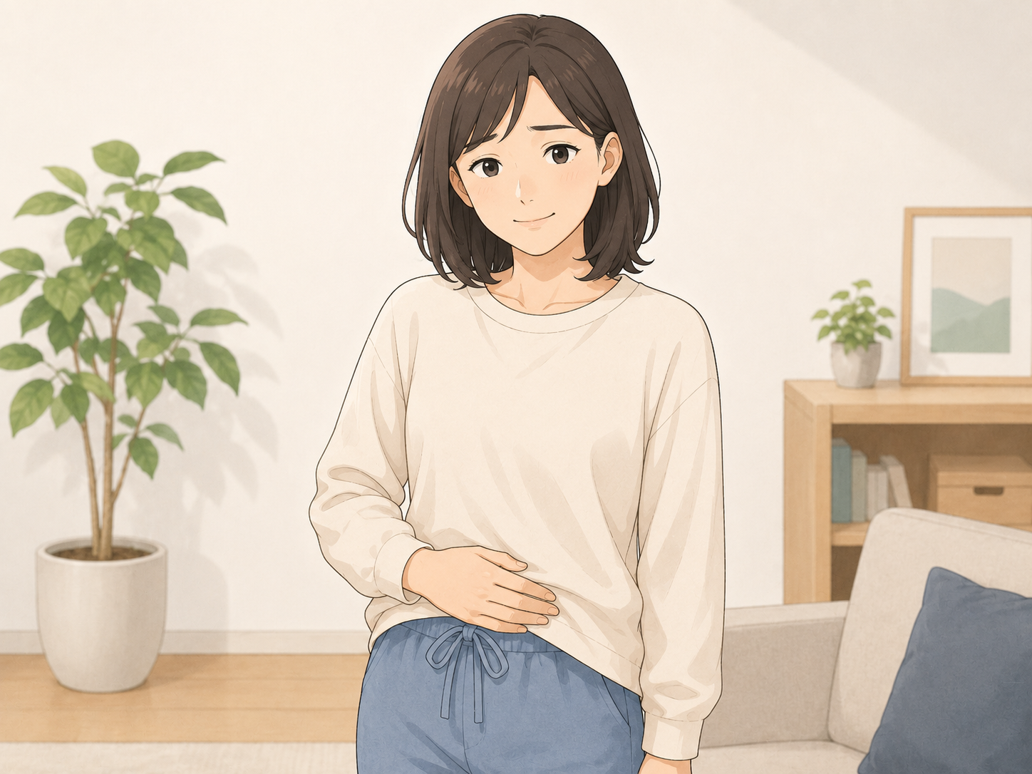 お腹に手を当てて少し不安そうにしながらも前向きな表情の人のイラスト