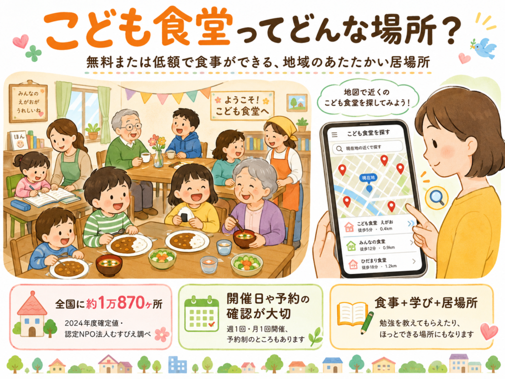 こども食堂の利用イメージと、地図で探す様子を示すやさしいイラスト