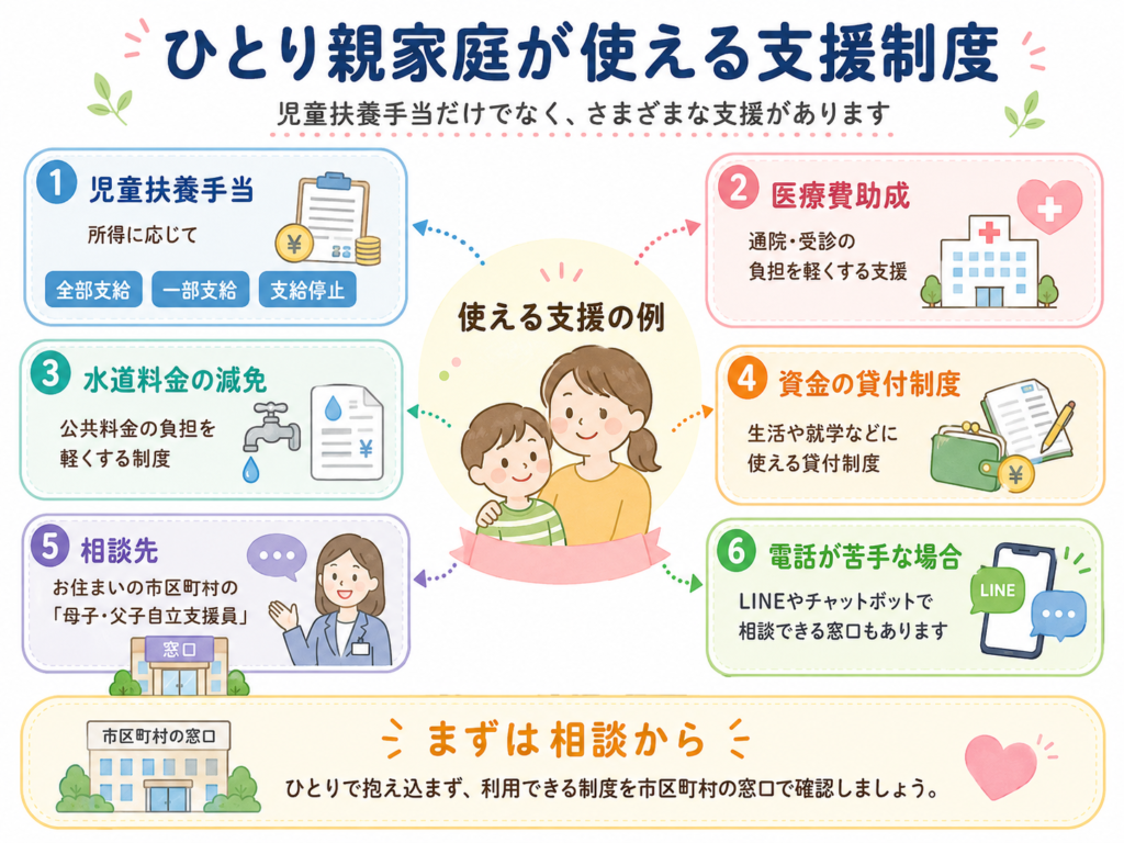 ひとり親家庭が使える支援制度の全体像を示す一覧図