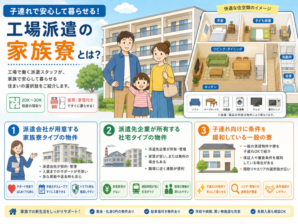 子連れで住める工場派遣の家族寮のイメージ図解