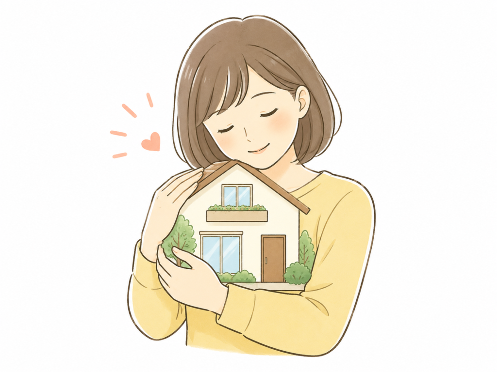 家を大切に抱えるように守っている人のイラスト