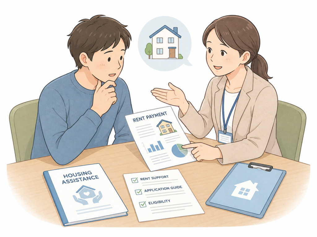 家賃の支払いについて、資料を見ながら相談員に質問している人のイラスト