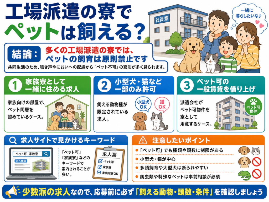 工場派遣の寮でペットと暮らすイメージ図解