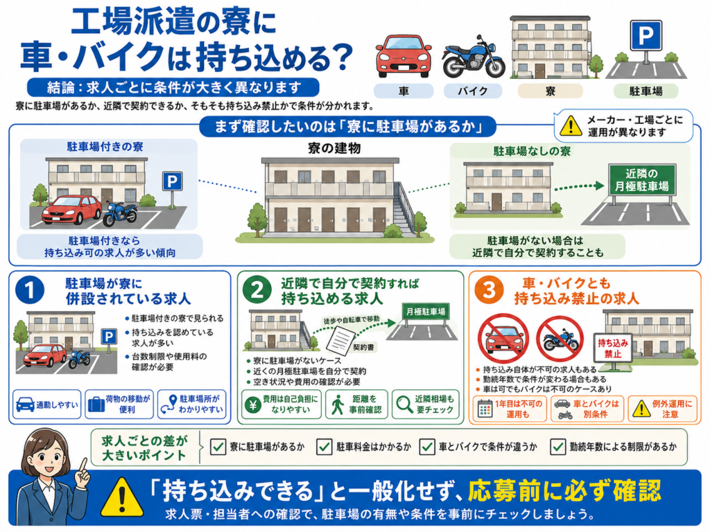 工場派遣の寮と駐車場の位置関係を示す図解