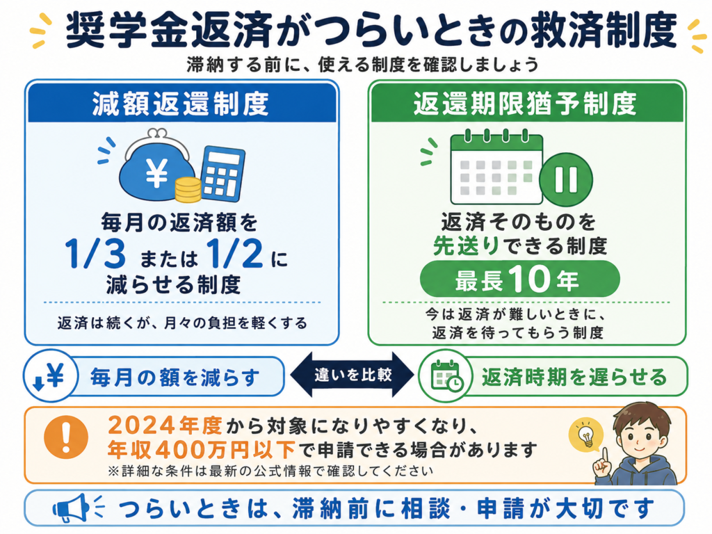 減額返還と返還期限猶予の違いを比較する図
