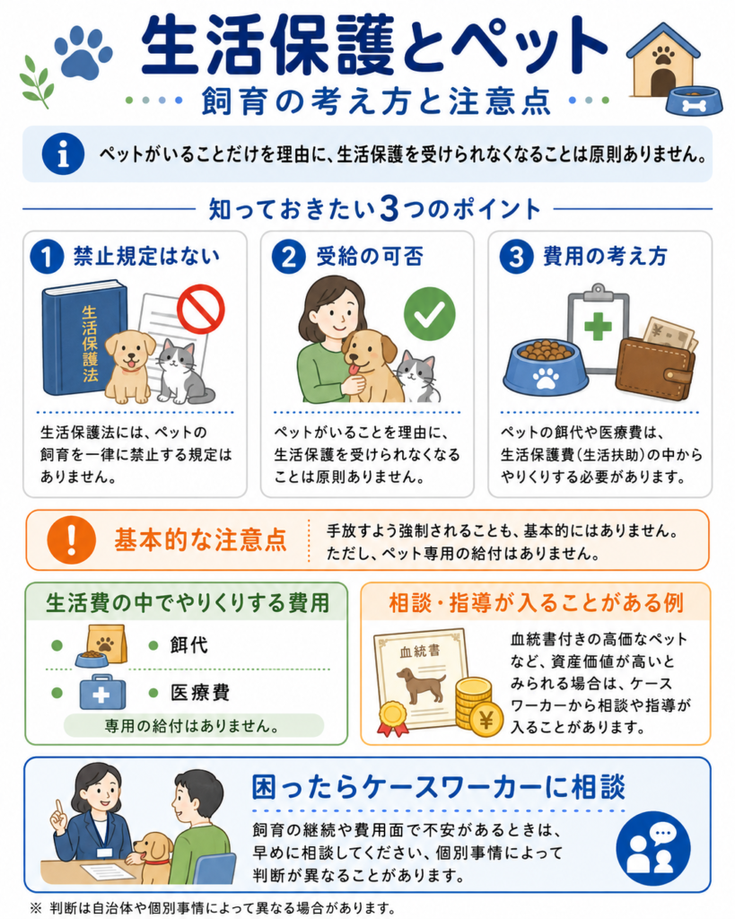 生活保護とペットの関係（禁止規定はないが費用は生活費内でやりくりする、という考え方）を示す図解
