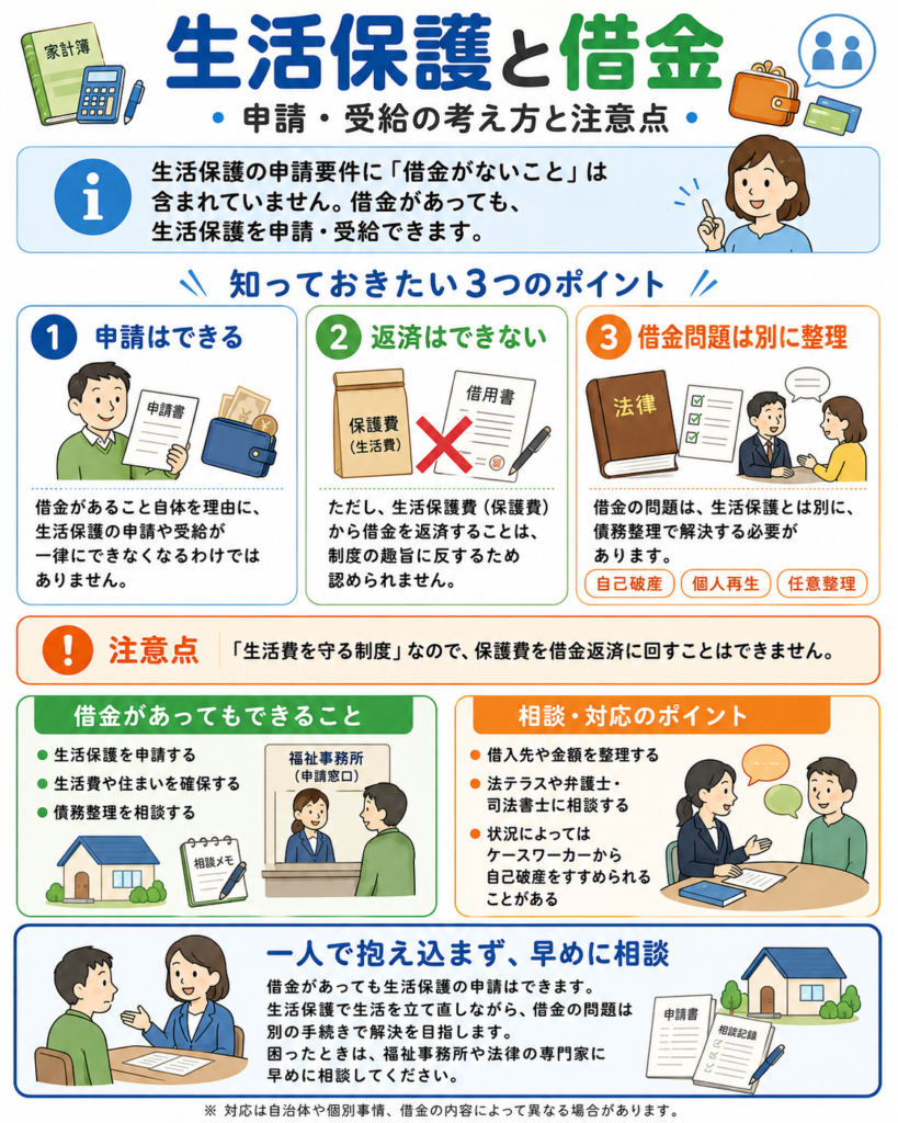 生活保護と借金の関係（申請はできるが、保護費での返済はできない）を示す図解
