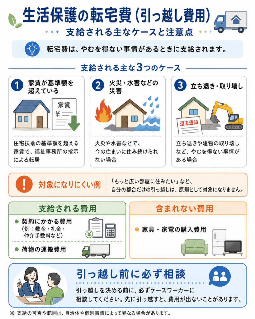 生活保護の転宅費が支給される3つのケース（家賃超過・災害・立退き）を示す図解