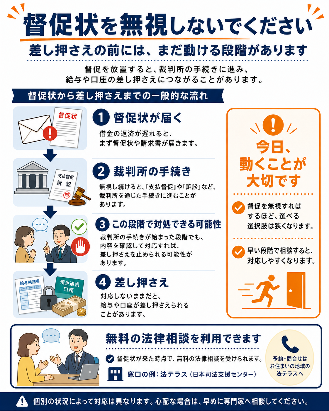 督促状から差し押さえまでの流れを示すタイムライン図解