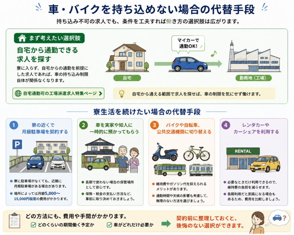 車を持ち込めない場合の代替手段を示す図解