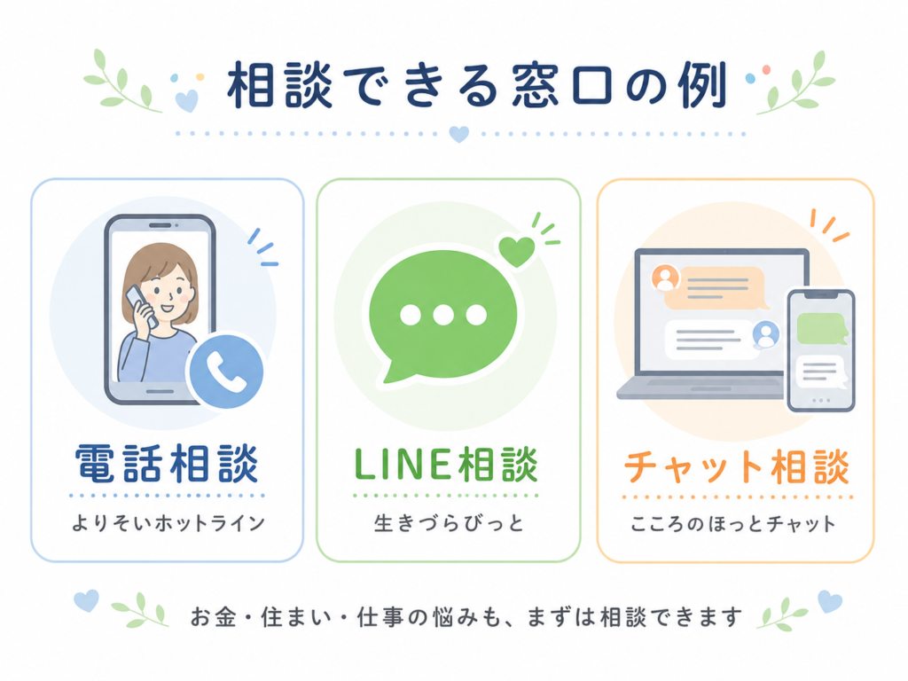 電話・LINE・チャットそれぞれの相談窓口を並べたアイコン図解